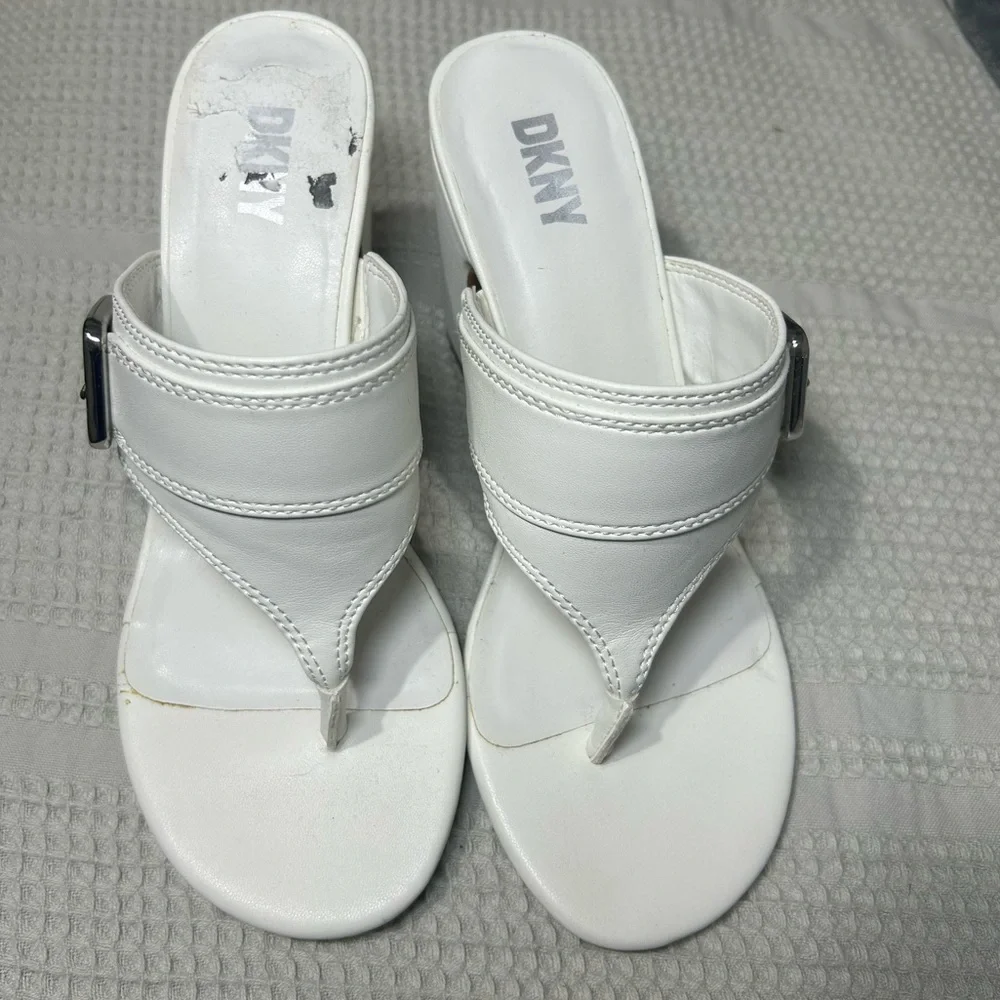 DKNY White Block Heel Sandals